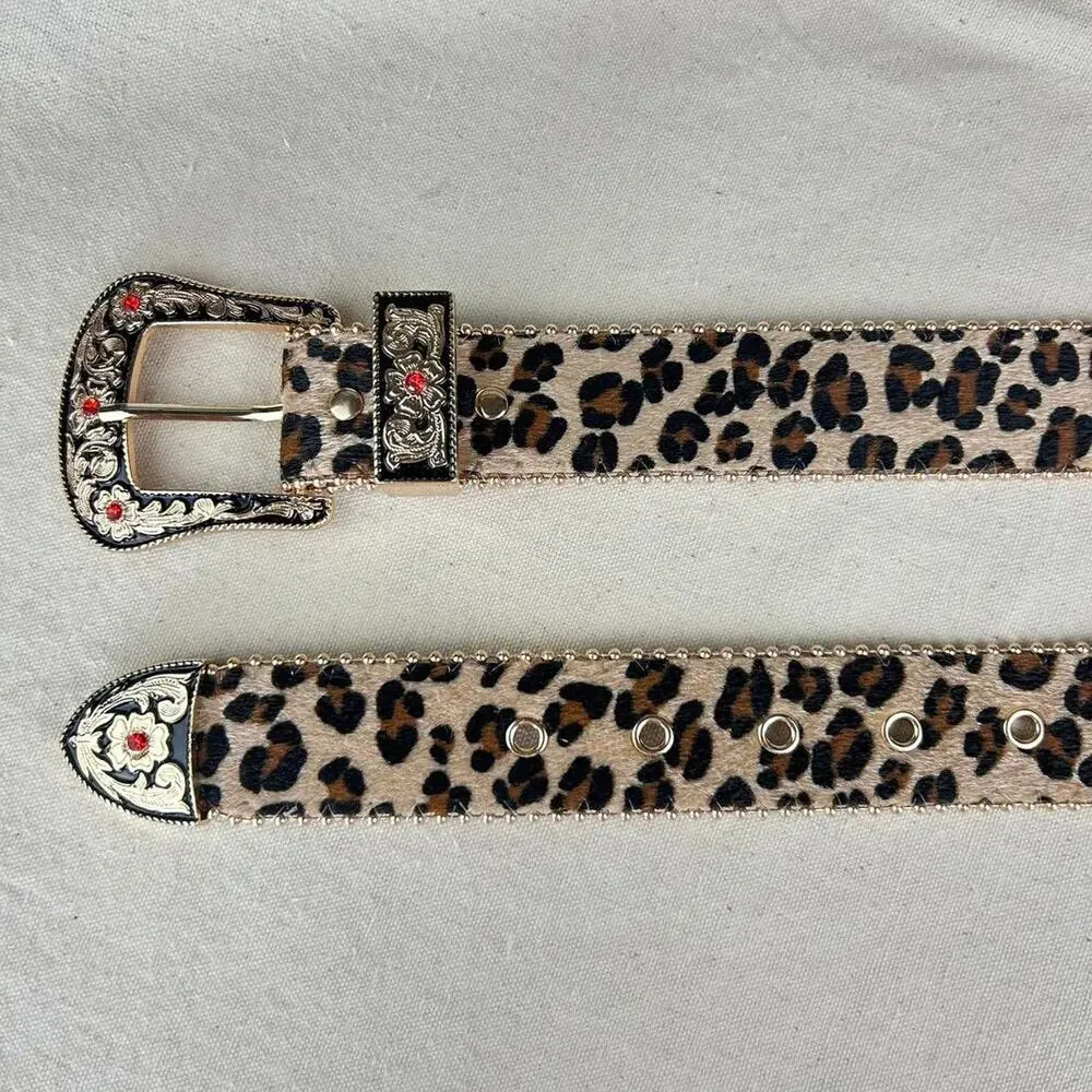 Vintage style cheetah leopard print fur belt western tan and brown bedazzled